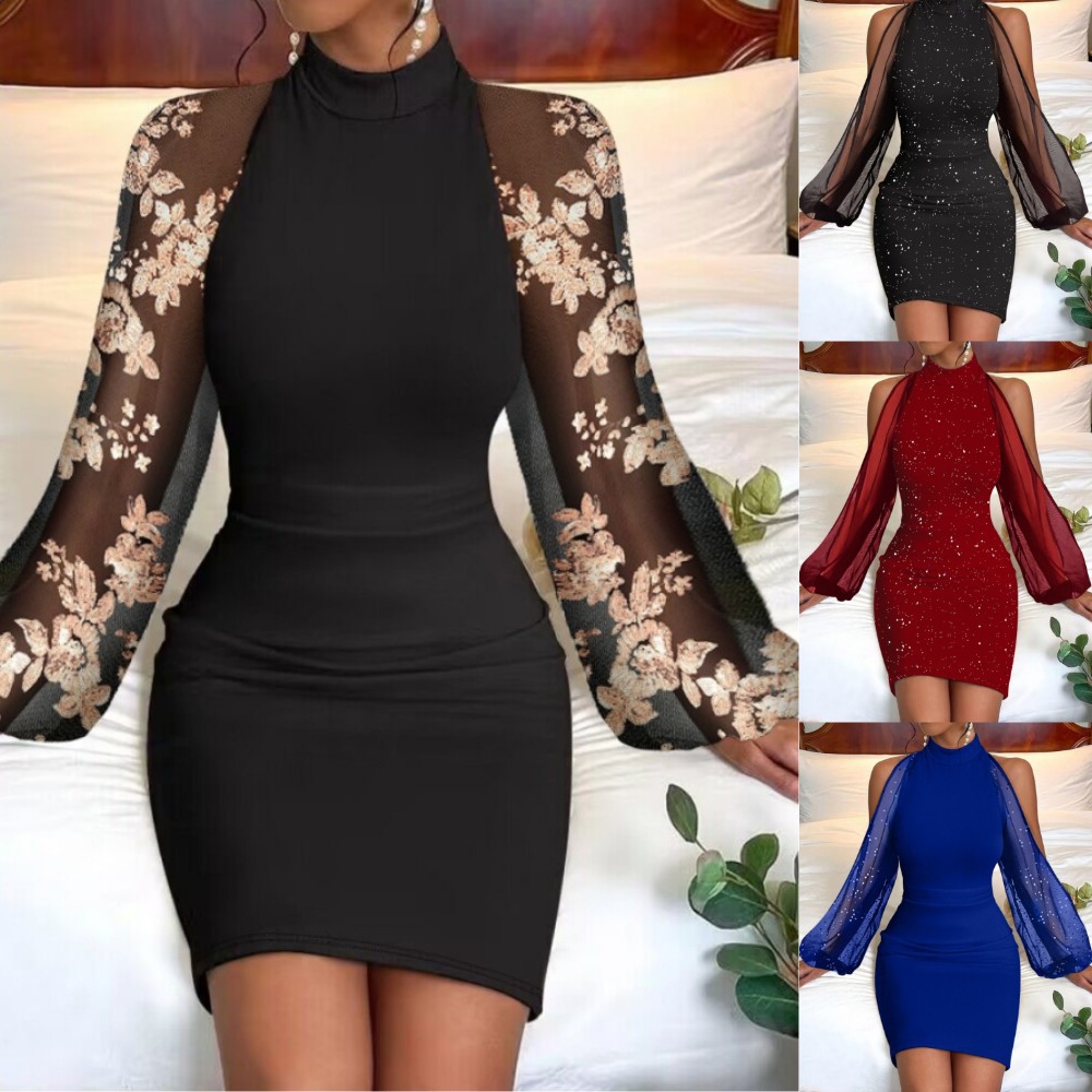 Womens Crew-Neck Lace Long-Sleeve Bodycon Waist-Cinching Dress