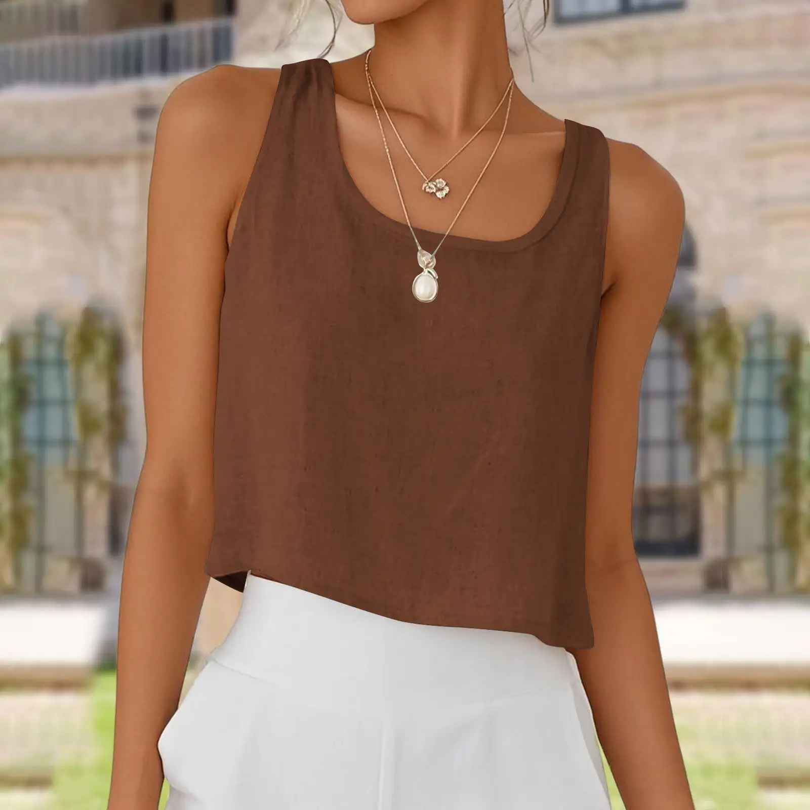 Sleeveless Crew-Neck Button-Up Womens Blouse Top