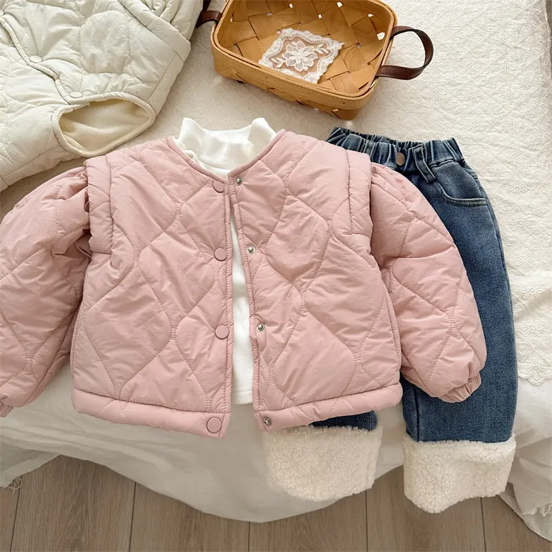 Girls Pure Color Thickened Fleece Lined Coat