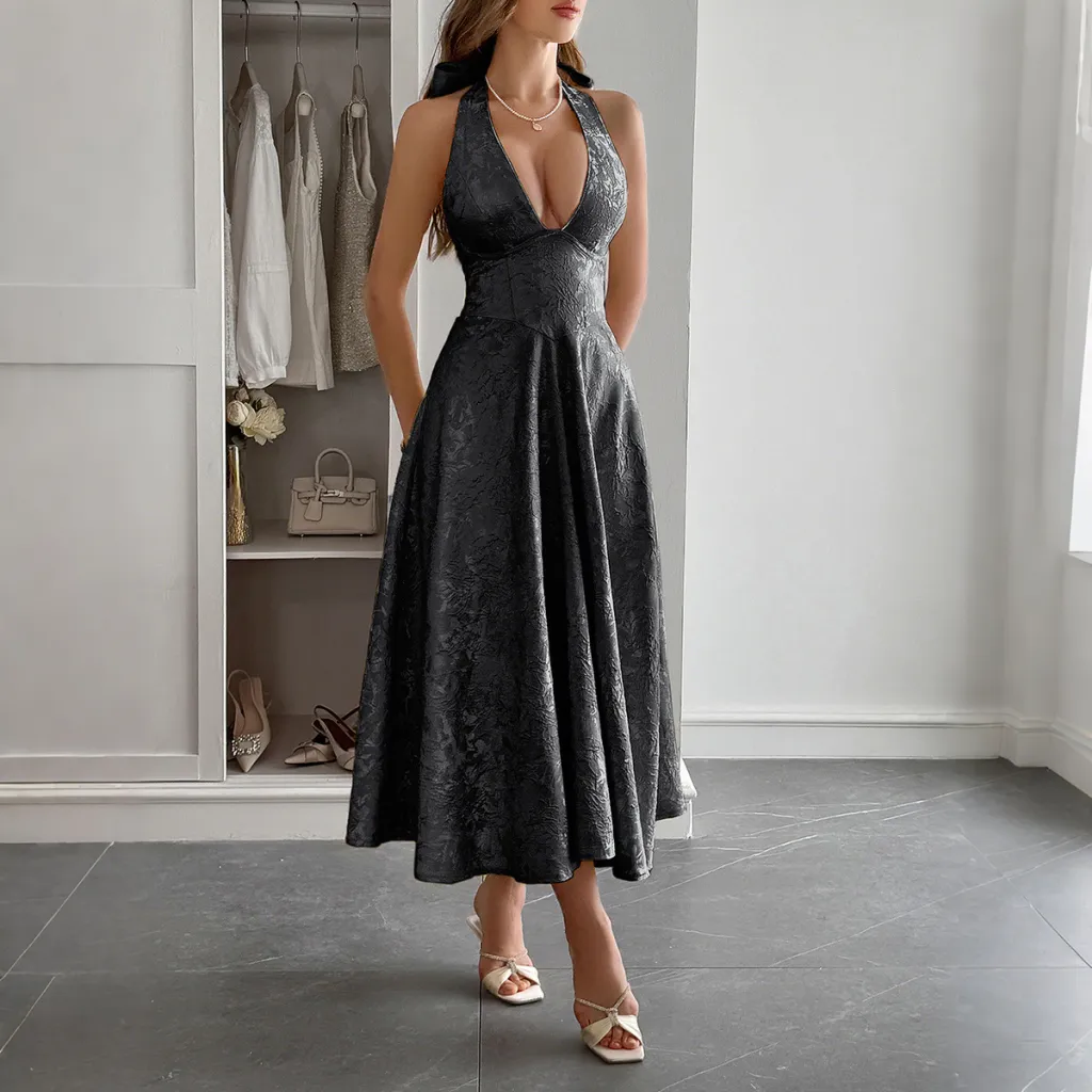 European And American Elegant Evening Dress Halter Waist - Black