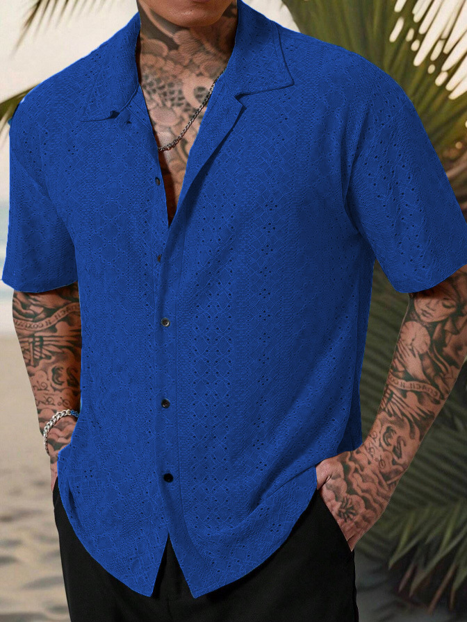Mens Versatile Hollow-Out Jacquard Casual Shirt