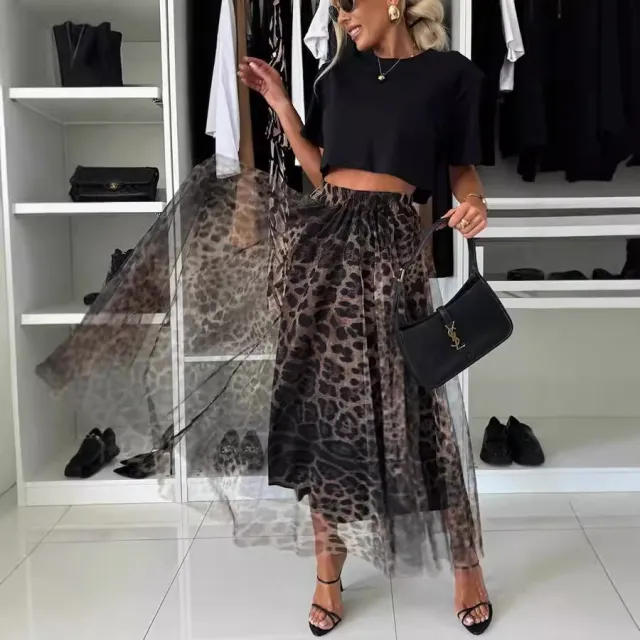 Leopard Print Elastic Waist Big Swing Chiffon Skirt Leopard - Shop at LoveMi