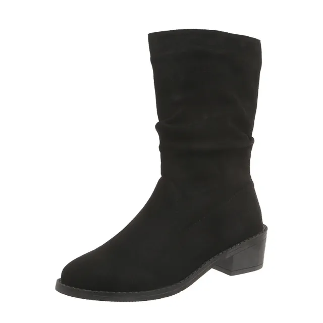 Large Size Thick Heel Pointed Toe Mid calf Smoke Pipe Boots For Women Black - Shop at LoveMi