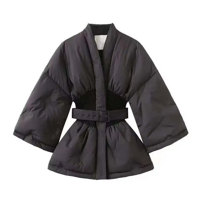 Women's Black Cotton-Padded Winter Coat with Belt and Ribbed Waist