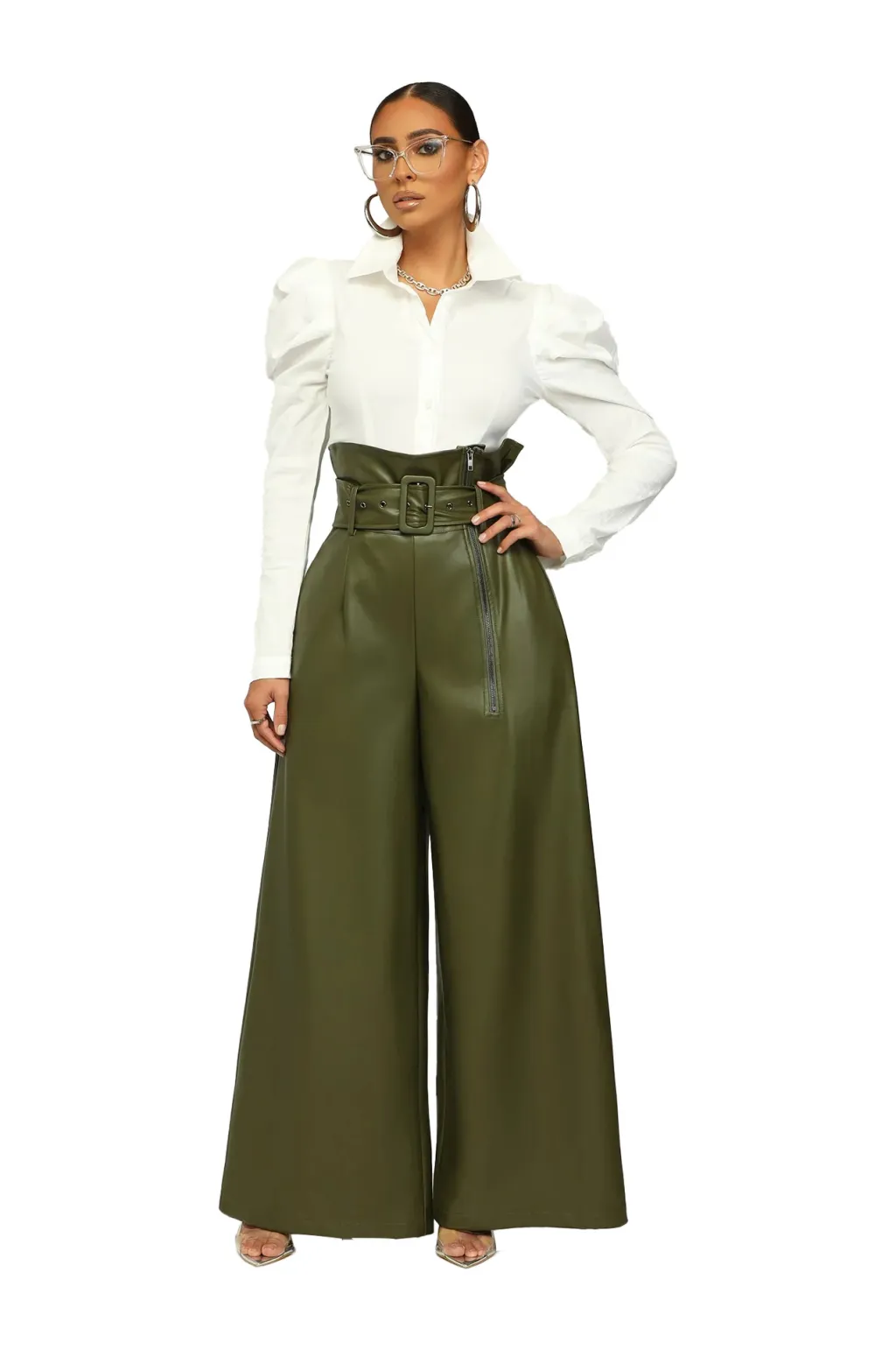 High Waist PU Leather Pants Metal Belt Wide Leg Trousers - Olive