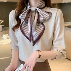 Lady Temperament Satin Striped Shirt With Ribbon - Apricot - View 1