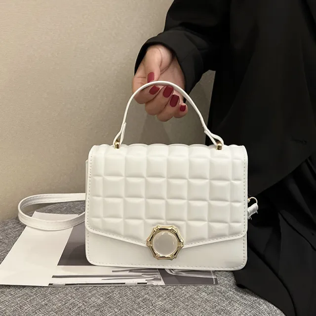 French Minority Crossbody High grade Embossed Square Plaid Pearl Magnetic Snap Small Square Bag White - Shop at LoveMi