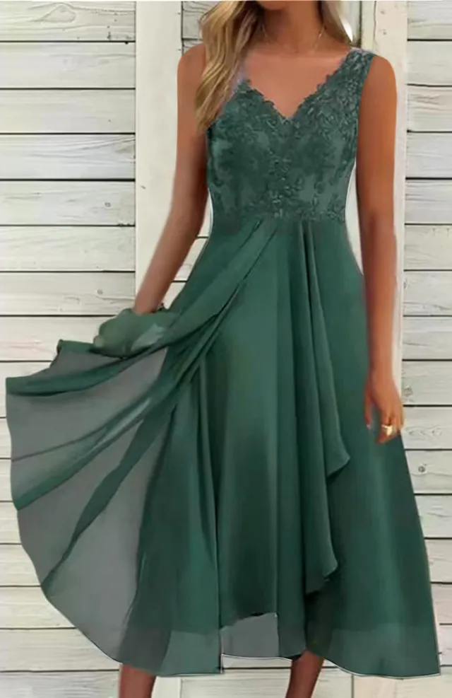 Sleeveless Dress Chiffon Stitching Lace Hollow Women Green - Shop at LoveMi