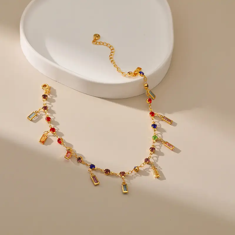 Vintage Gold Plated Ankle Chain Color Acrylic 18K Gold Strip Jeweled Pendant Anklet