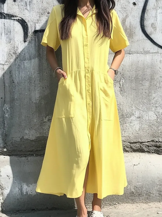 Women's Short sleeved Button Casual Pocket Dress Yellow - Shop at LoveMi