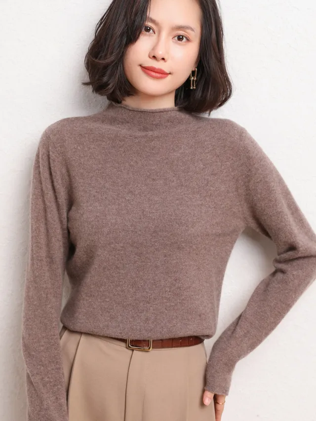 New Simple Half Collar Cashmere Sweater Loose Women's Sweater Coffee Camel - Shop at LoveMi