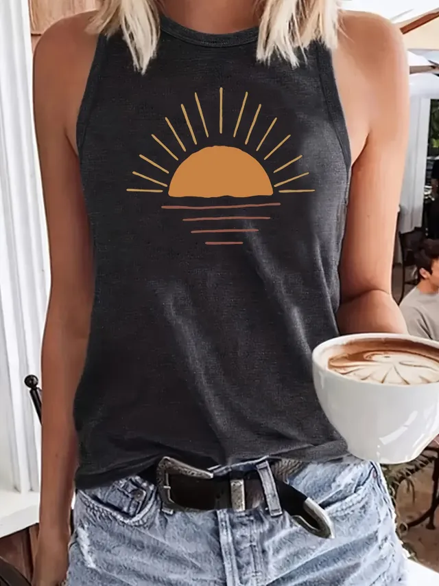 Sunrise Printed Round Neck Vest Spring And Summer Casual Sleeveless Dark Gray - Shop at LoveMi
