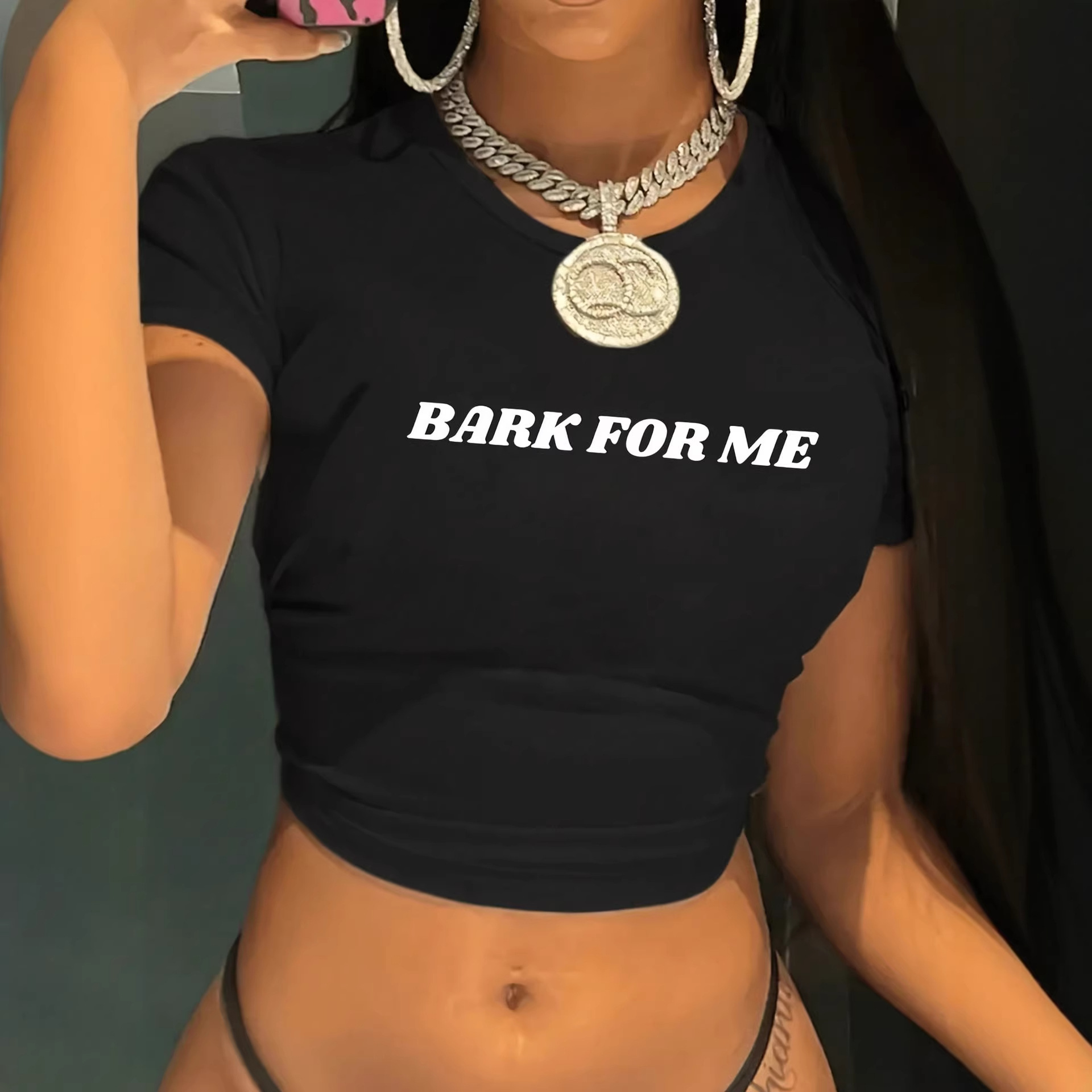 Womens Letter-Print T-Shirt Slim-Fit