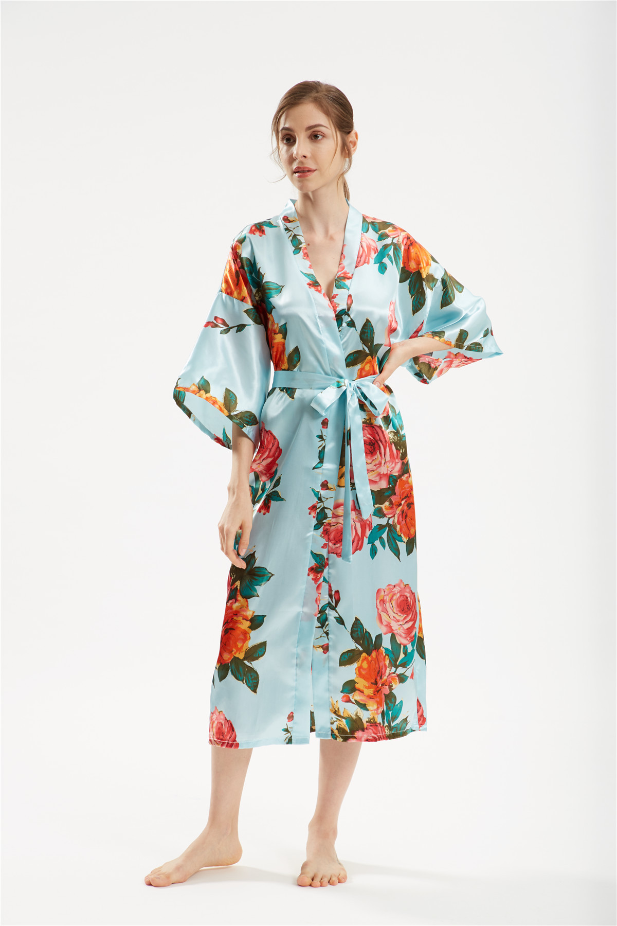 Title 17, Satin handbemalter Pfingstrose langer Kimono Yu...