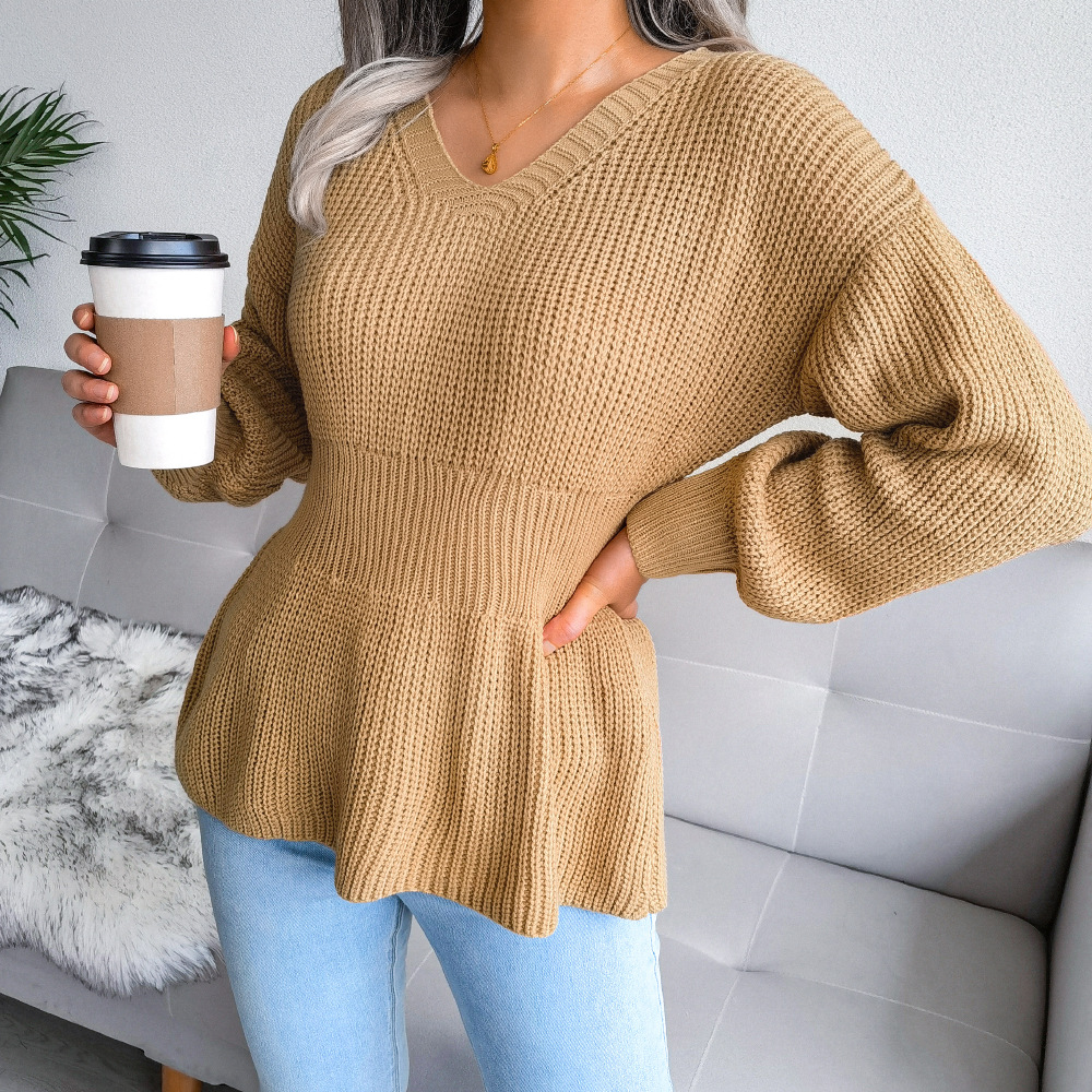 Women's lantern sleeve sweater – sleeve detail and flounce hem close-up