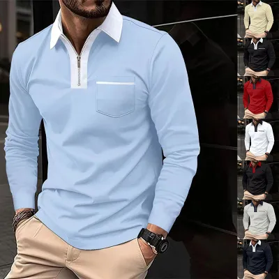 Autumn Mens Long Sleeve Zipper Polo Shirts Casual Lapel Collar Zip Up Henley Shirts Cotton Sports Golf Tennis T-Shirts With Pockets