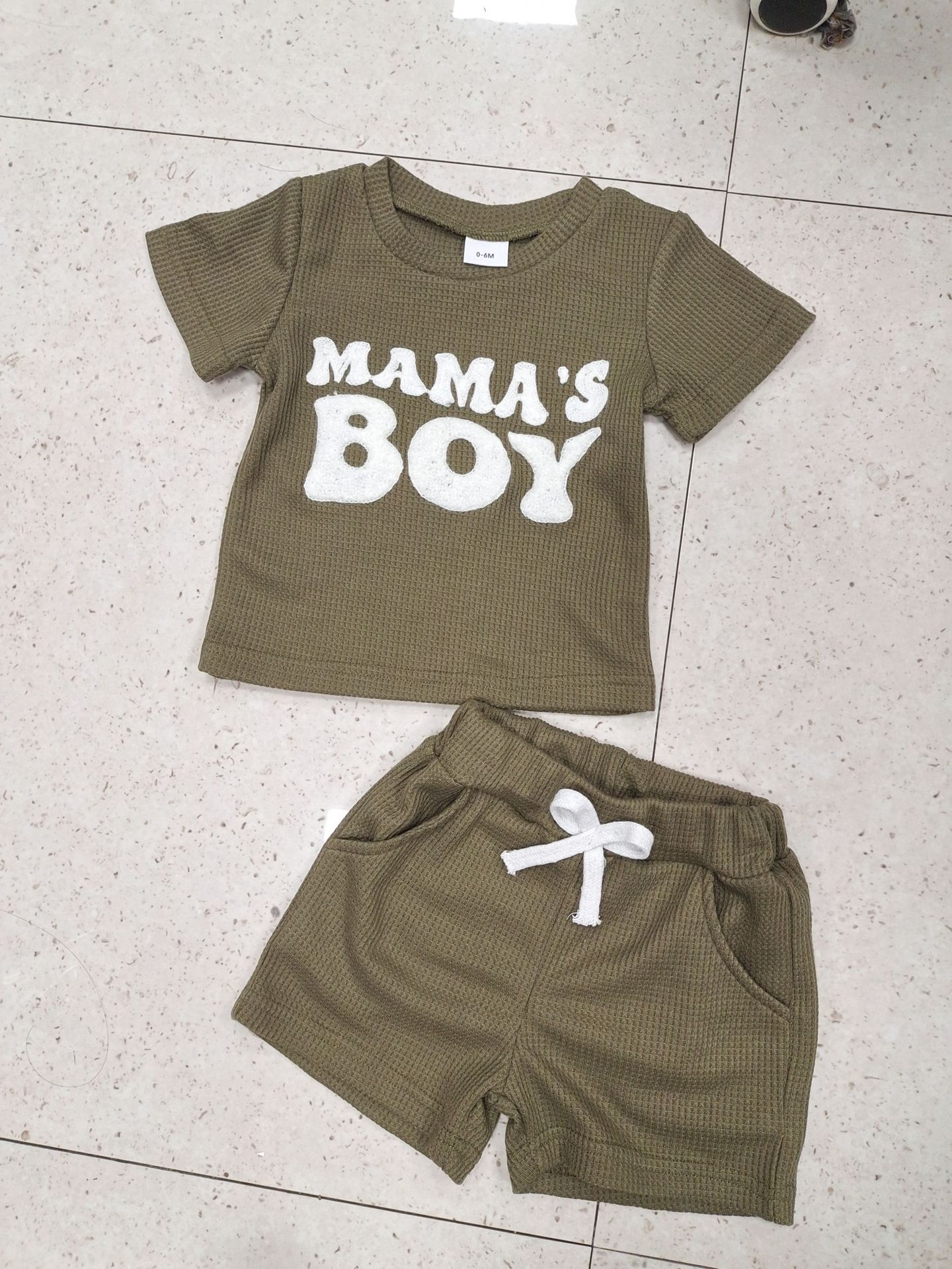 Waffle Towel Embroidery Short Sleeve Shorts Suit