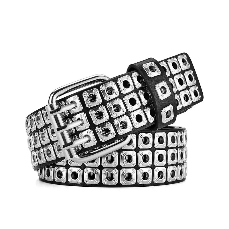 Women's Belt Punk Rivet Air Hole Wide Belt - White