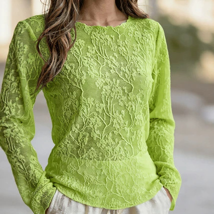 Women's Solid-color Round-neck Lace Long-sleeved Top