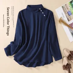 Women's Artistic Versatile Comfortable Casual Long-sleeved Loose Composite Top - Navy Blue - View 1