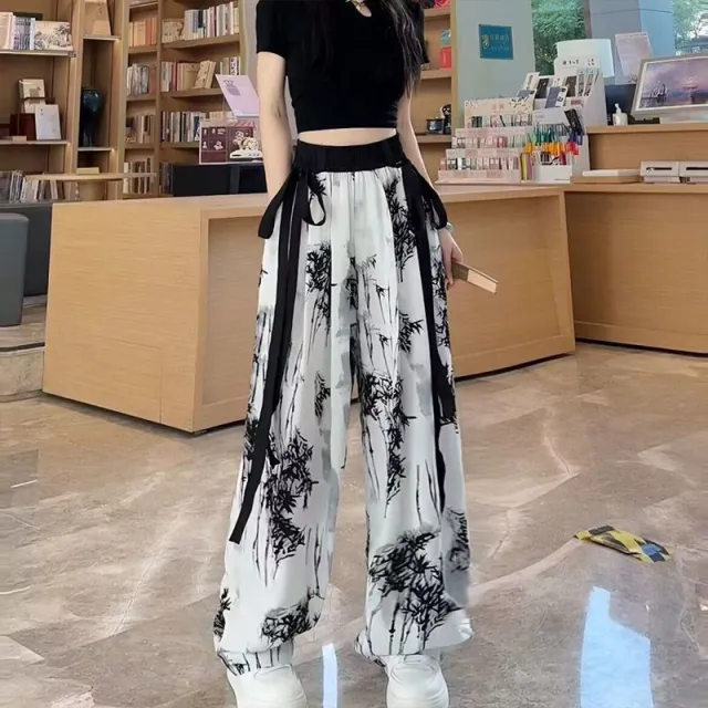 New Guo Feng Ink Painting Ice Silk Wide leg Pants Summer Women White Ink White - Shop at LoveMi
