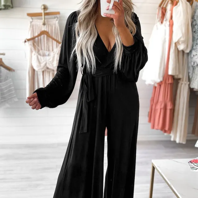 Solid Color Lace up Wide Leg Deep V neck Jumpsuit Black - Shop at LoveMi