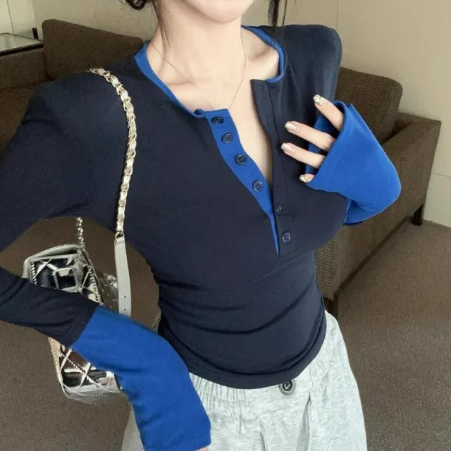 Color Contrast Patchwork T shirt For Women Navy Blue - Shop at LoveMi