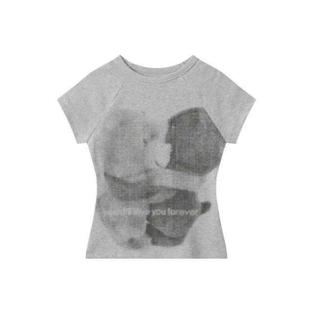American Raglan Sleeve Bear Printed Slim fit Short Sleeve Flower Gray - Shop at LoveMi