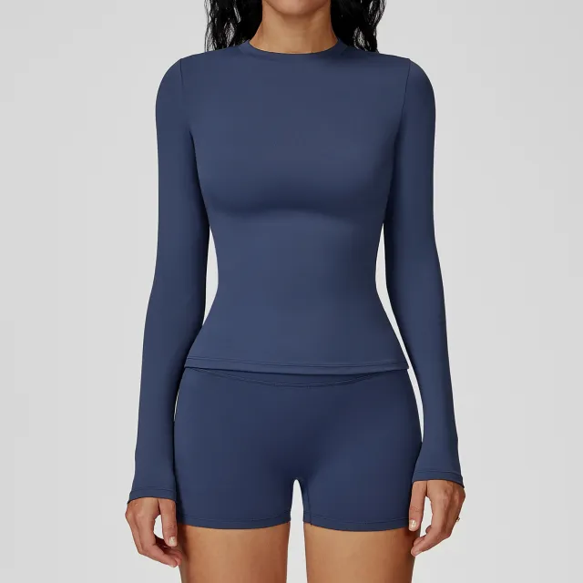 Round Neck Slim Fit Fitness Brushed Long Sleeve Yoga Clothes Blue - Shop at LoveMi
