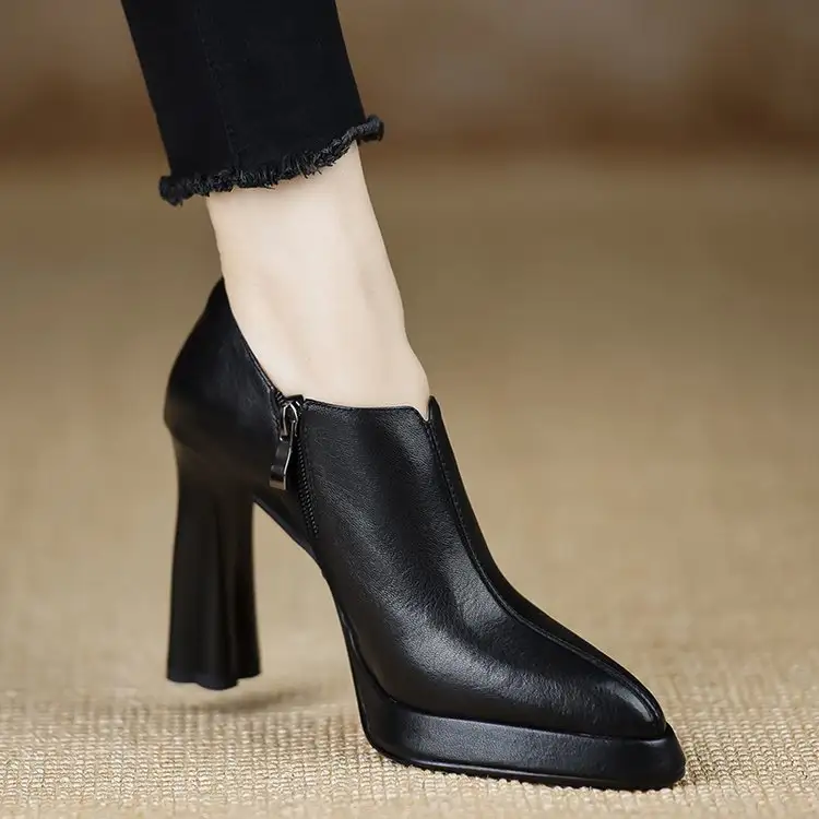 New Style Chunky-heeled Vintage Deep-toe Pumps With Zippers