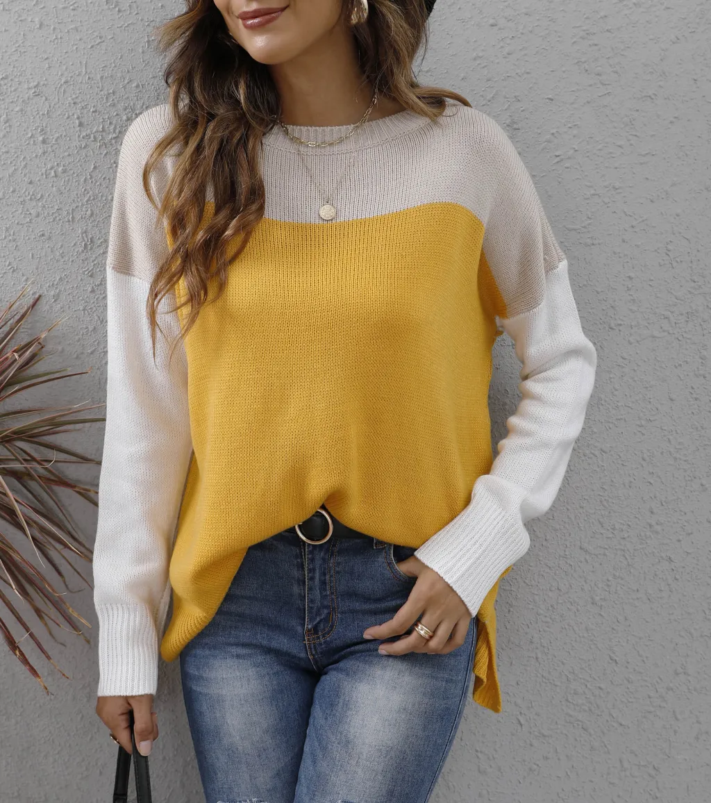 Color Contrast Patchwork Loose Sweater - Yellow