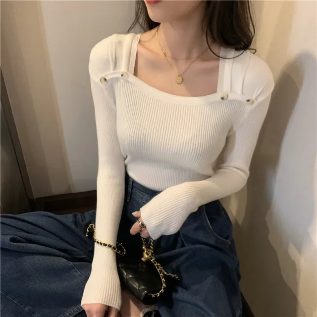 Women's Square Collar Long Sleeve Knitted Bottoming Shirt White - Shop at LoveMi