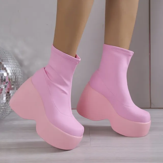Leather Elastic Wedge Platform Bootie Pink - Shop at LoveMi