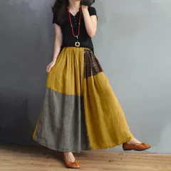 Retro Artistic Style Loose Elastic Waist Colour Matching Cotton And Linen Skirt Slimming A- Line Skirt - Yellow - View 1
