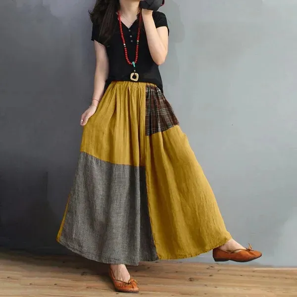 Retro Artistic Style Loose Elastic Waist Color Matching Cotton And Linen Skirt Slimming A Line Skirt Yellow - Shop at LoveMi