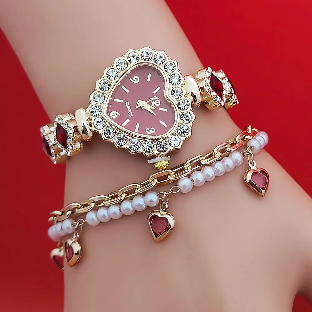 Fashion Love Shape Bracelet Watch Set Diamond