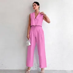 Women's Khaki Cotton And Linen Sleeveless Vest Trousers Two-piece Set - Pink - View 1