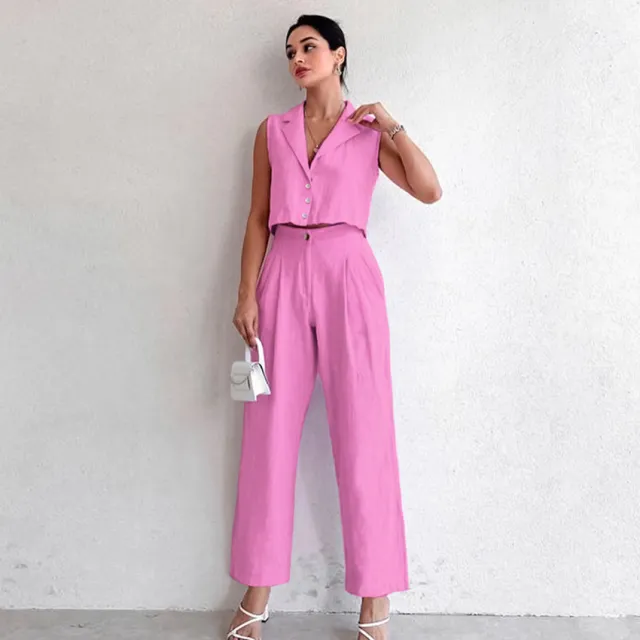 Women's Khaki Cotton And Linen Sleeveless Vest Trousers Two piece Set Pink - Shop at LoveMi