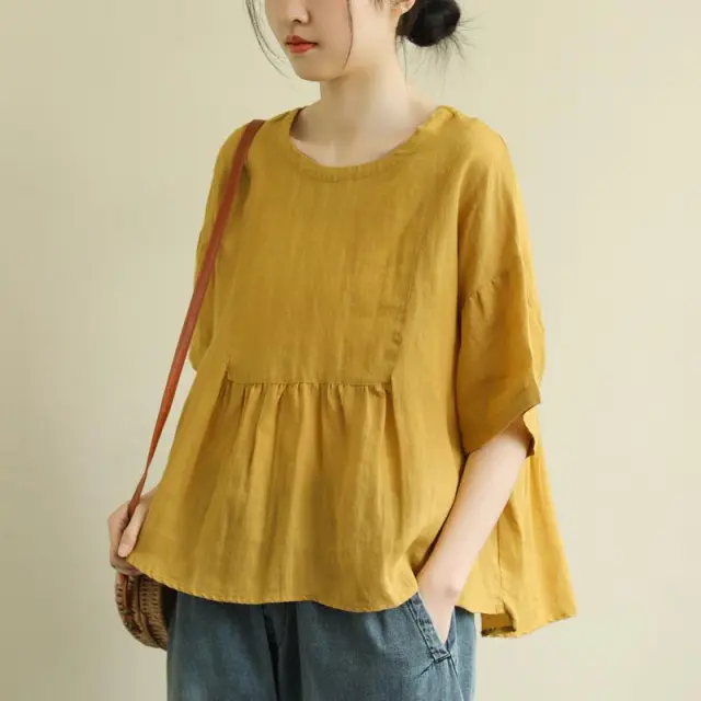 Short Sleeve Loose Round Neck Imitation Cotton And Linen Top Yellow - Shop at LoveMi