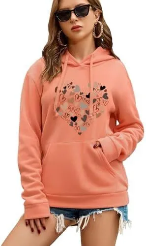 Women's Pattern Hoodie Heart Shape Printed Drawstring Pullover Top Orange Heart Shape Printed - Shop at LoveMi