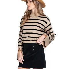 Striped Turtleneck Sweater Women's Cuffs - Lc2723245 Khaki - View 1