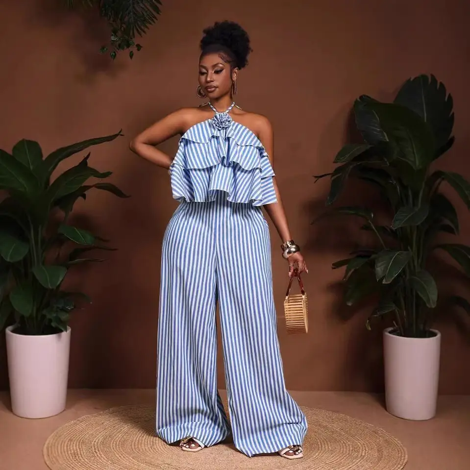 Lace-up Halterneck Backless Striped Jumpsuit