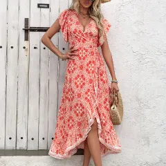 Seaside Holiday V-neck Stomach Blanket Floral Dress - Burning Orange - View 1