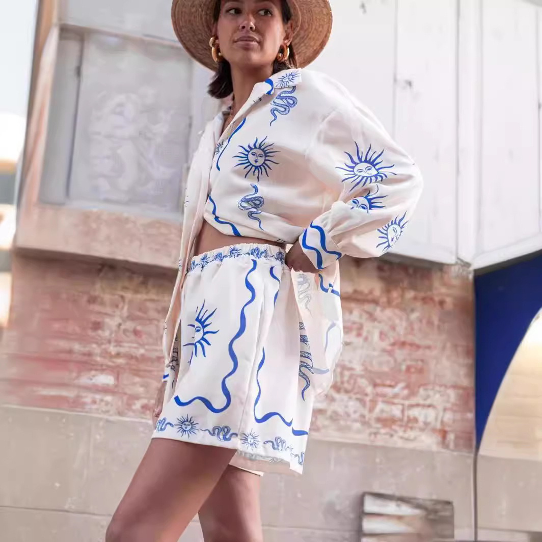 Printed Linen Leisure All-matching Shirt Cardigan Shorts