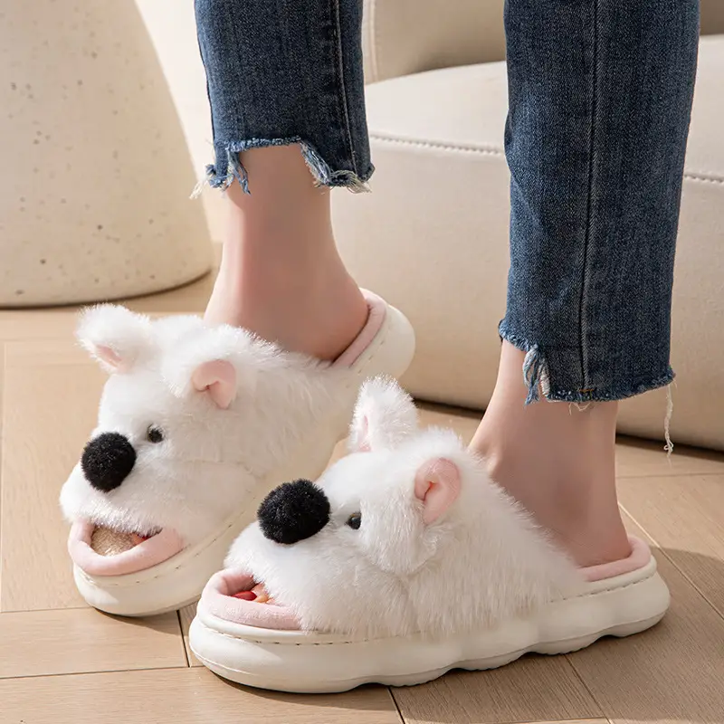 Cartoon Animal Plush Slippers for Women and Men, Indoor Home Slip-On Shoes with EVA Sole — White, 36to37
