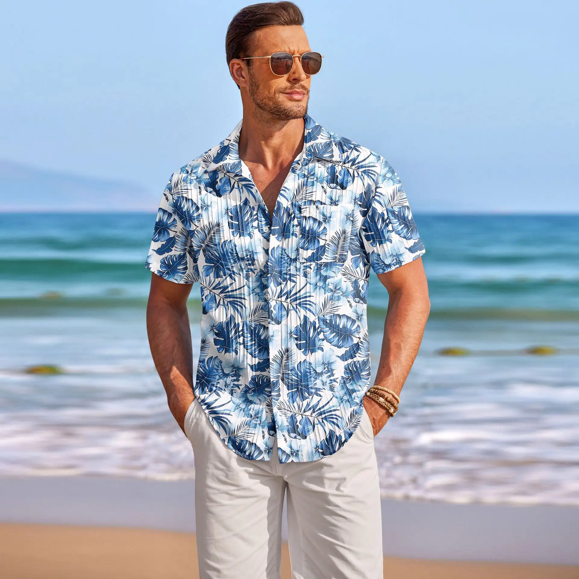 Men Shirt Top Cross Border Short Sleeve Cardigan