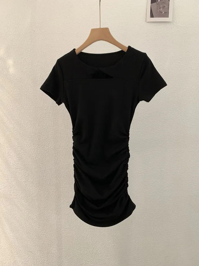Hollow out Ruffle Hip Dress Women's Slim fit Slimming Skirt Knot Black - Shop at LoveMi