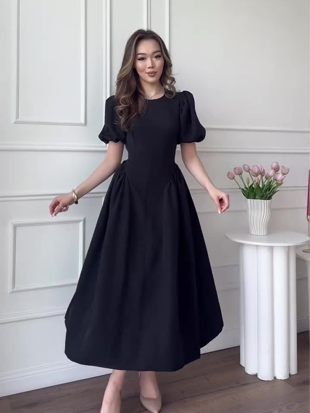 Retro Short Sleeve Puff Sleeve Dress Black - Shop at LoveMi