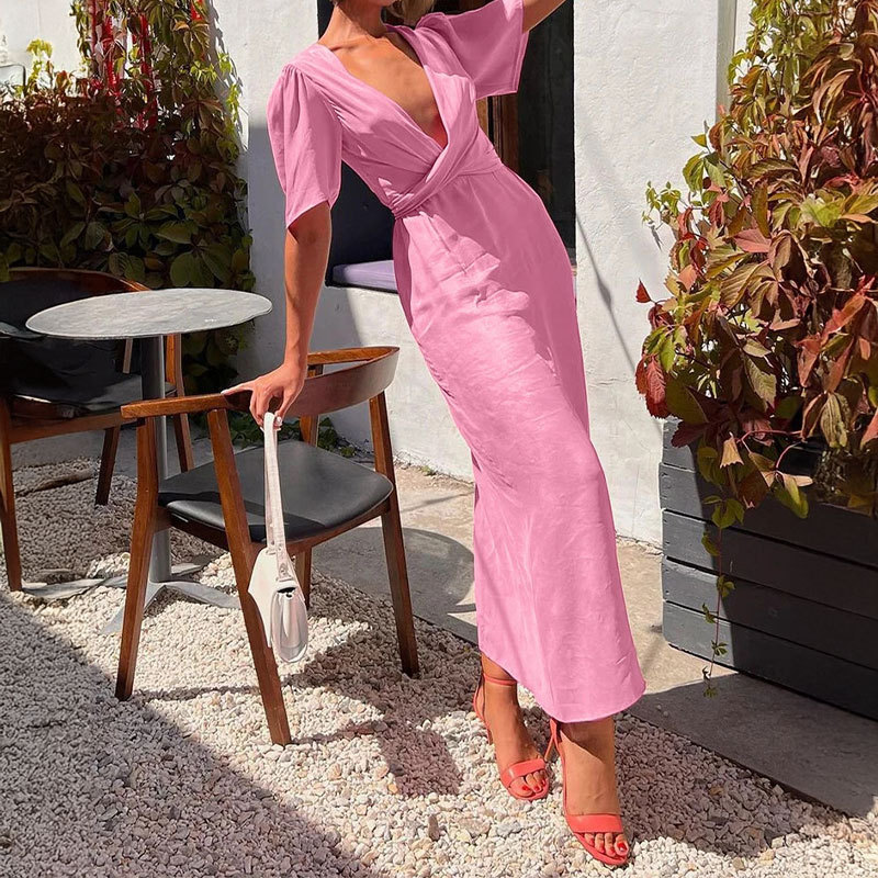 Strap A line Skirt Short sleeve Solid color Dress Pink - Shop at LoveMi