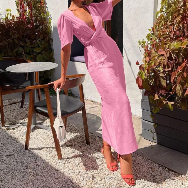Strap A line Skirt Short sleeve Solid color Dress Pink - Shop at LoveMi